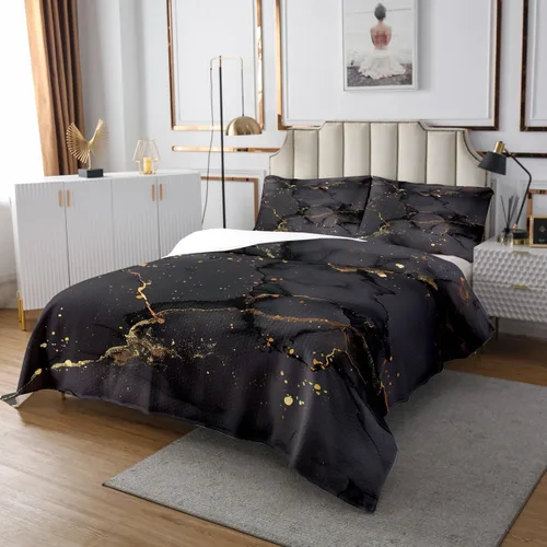 Miniatura 4 de Erosebridal Juego de colcha de mármol negro tamaño Queen con lentejuelas metálicas doradas, juego de colcha de mármol gris oscuro, juego de ropa
