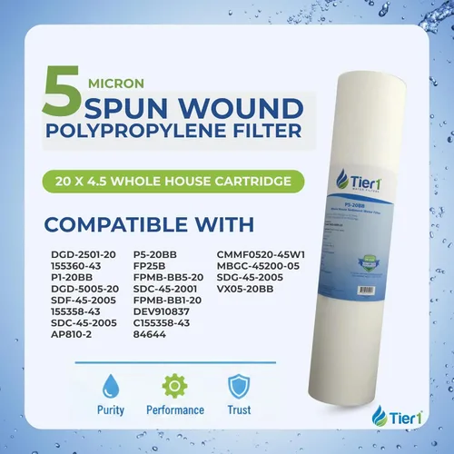 Miniatura 2 de Tier1 Filtro de agua de 5 micras de 20 x 4.5 pulgadas Cartucho de prefiltro de sedimentos de polipropileno hilado para toda la casa Reemplazo