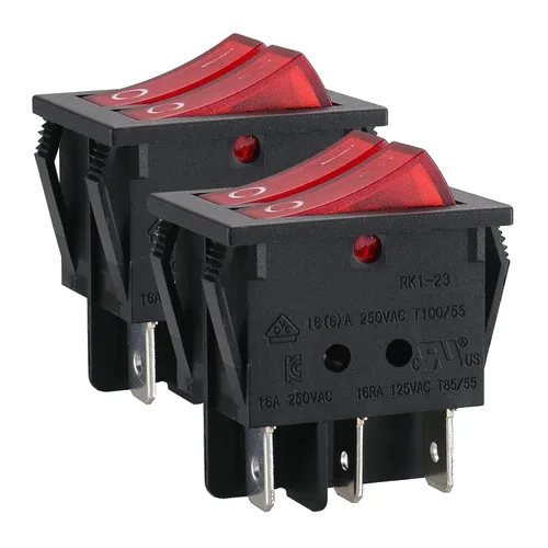 Baomain - Pack de 2 interruptores basculantes duales con luz roja, encendido/apagado DPDT de 6 pines, 16 A/250 V CA, 16 A/125 V CA, listado UR VDE,