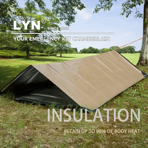 Miniatura 6 de LYN Manta de emergencia resistente, equipo de supervivencia, impermeable, aislada, lona de emergencia para camping, senderismo, bushcraft Bronceado