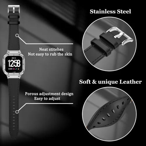 Miniatura 3 de BAITEYOU Leather Bands with Stainless Steel Case Compatible with Fitbit Versa 1 2 3 4 Lite Sense 2 1 Protective case for men Estuche negro/plateado
