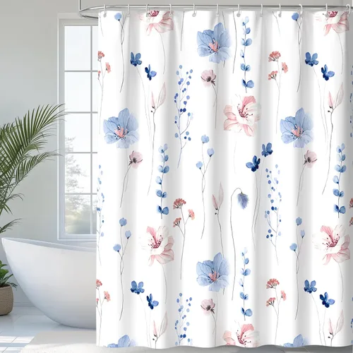 QiyI Cortina de ducha minimalista con estampado floral de acuarela, cortinas de ducha modernas lavables a máquina, juego de cortina de ducha de tela