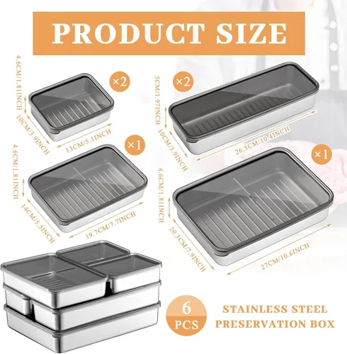 Miniatura 2 de Hushee Juego de 6 contenedores para tocino y queso para refrigerador, contenedor hermético de carne para delicatessen de acero inoxidable 304