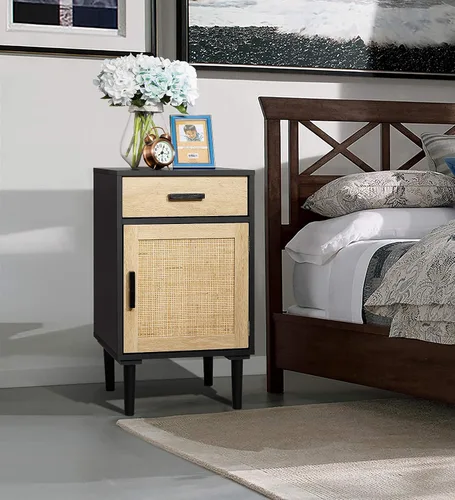 Miniatura 4 de Finnhomy Juego de 2 mesitas de noche altas, mesita de noche, juego de 2 con cajón y estante, puertas decoradas a mano, mesitas de noche con Negro