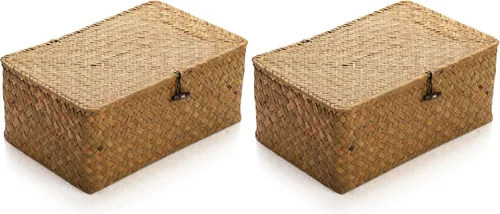 Miniatura 7 de Yesland Cesta de almacenamiento de ratán de hierba marina tejida a mano, 11.5 x 7.5 x 5 pulgadas, contenedor organizador de maquillaje rectangular