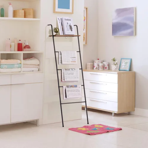 Miniatura 3 de Escalera para Mantas de 5 Niveles Apoyada en la Pared con Estante Escalera Decorativa para Mantas Estante de Metal Escalera Inclinada para Toallas