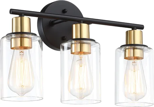 Lámpara de tocador de 3 luces negra y dorada sobre el espejo, lámparas de pared de baño con pantalla de vidrio transparente que incluye base mediana