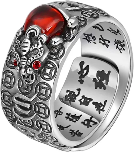 HJ HUAJ Anillo de mantra Feng Shui PiXiu MANI Mantra protección anillo de riqueza ajustable, Metal, no conocido