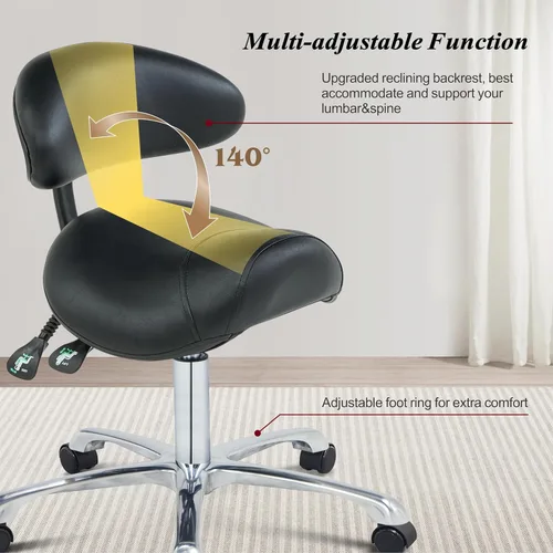 Miniatura 3 de Silla de montar con ruedas con soporte de espalda, silla ergonómica ajustable en altura con ruedas para higienista dental, salón, esteticista..