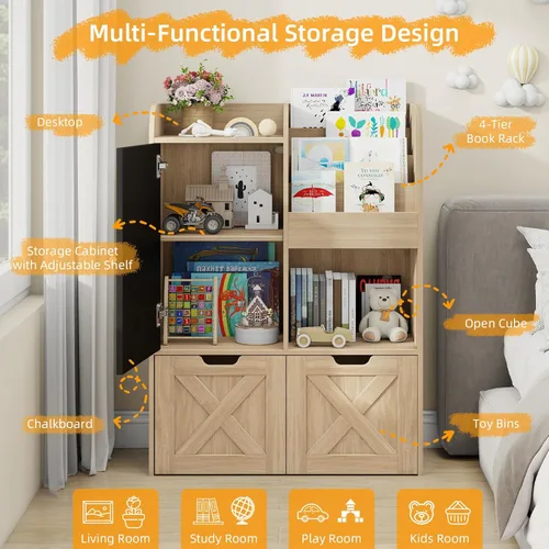 Miniatura 5 de Organizador de almacenamiento de juguetes para niños con rincón de lectura, estantería de madera para niños con pizarra y 2 cajones móviles, Roble