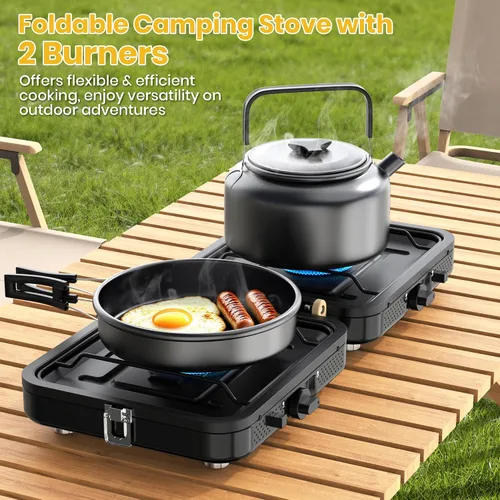 Miniatura 2 de Estufa de propano para camping, 2 quemadores de 20000 BTU, estufa de propano plegable portátil con bolsa de transporte, quemadores de alto calor