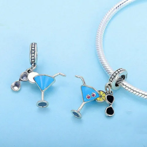 Miniatura 2 de Abalorio de plata de ley 925 con diseño de limón y copa de vino, para pulsera y collar