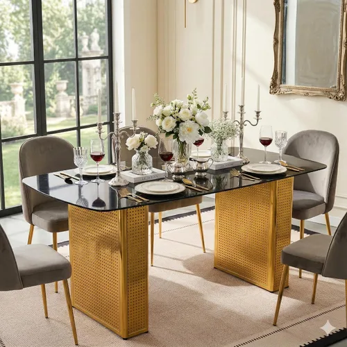 Miniatura 18 de Mesa de comedor de cristal de 51 pulgadas, mesa de comedor para 4-6, mesa de cocina dorada con patas de metal superior de vidrio templado