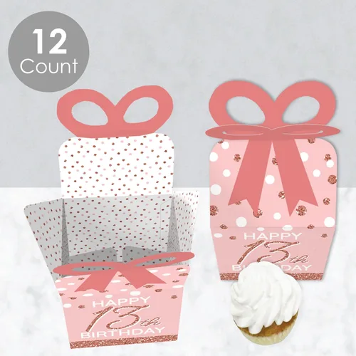 Miniatura 3 de Big Dot of Happiness 13º cumpleaños rosa oro rosa – Cajas de regalo cuadradas – Cajas de lazo para fiesta de feliz cumpleaños – Juego de 12