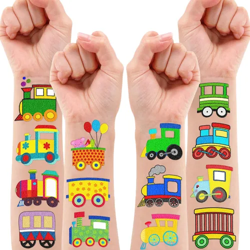 Miniatura 9 de Tatuajes temporales de tren para niños, 8 hojas, 96 unidades, lindas calcomanías de cruce de ferrocarril, recuerdos de fiesta de cumpleaños