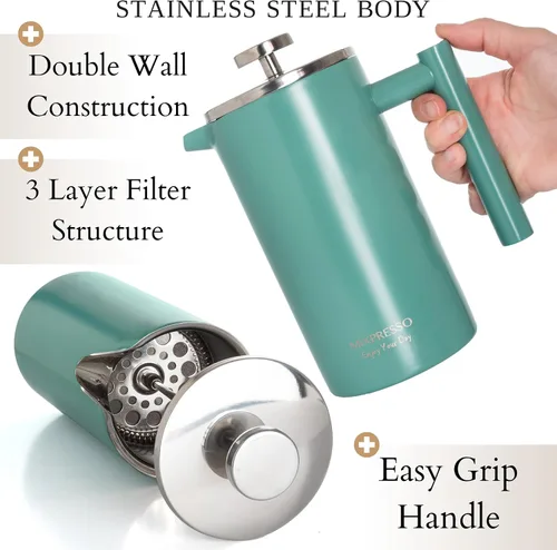 Miniatura 2 de Mixpresso Cafetera de Prensa Francesa de Acero Inoxidable Verde 26 Oz 770 Ml, Prensa Francesa de Acero Inoxidable con Aislamiento de Doble Pared