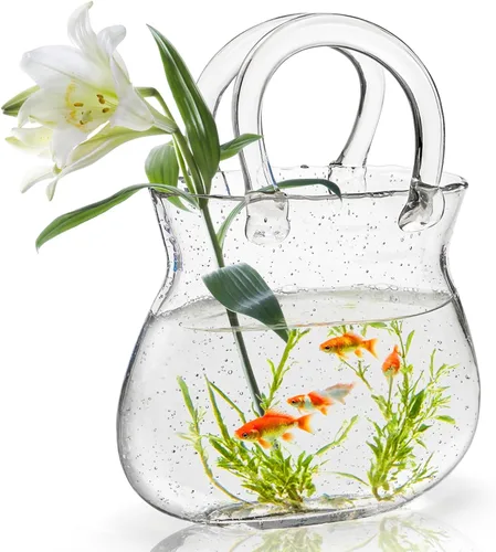 Jarrón de Vidrio en Forma de Bolso para Flores, Jarrón de Bolsa Transparente con Asa, Florero Decorativo Único en Forma de Bolso para Decoración