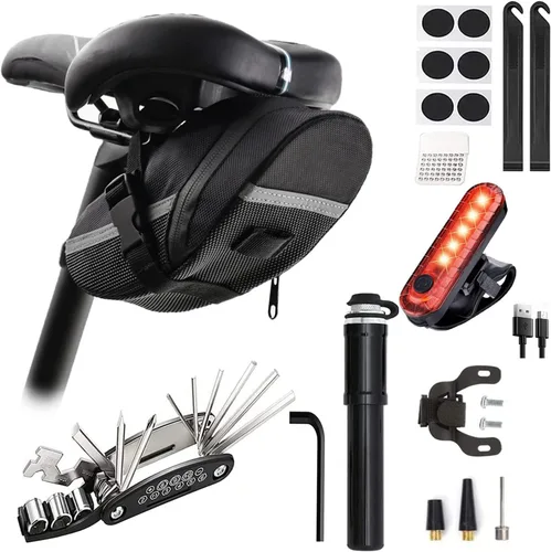 Miniatura 9 de Kit de herramientas de reparación de bicicletas con mini bomba de bicicleta, bolsa de sillín de bicicleta con luz trasera, multiherramienta