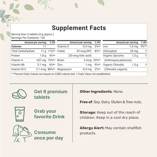 Miniatura 4 de Micro Ingredients Tabletas orgánicas de Chlorella Spirulina de 3000 mg y vitamina D3 5000iu + K2 100mcg paquete de 2 unidades Pared celular