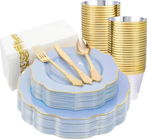 NOCCUR 175 platos de plástico azul con cubiertos desechables dorados, incluye 50 platos de plástico azul claro y dorado, 25 cuchillos, 25 tenedores,
