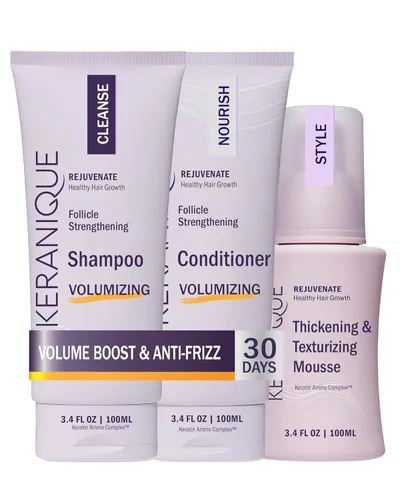 Keranique Kit de viaje de aumento de volumen y estilo, sistema de protección contra el encrespamiento para mujeres con cabello adelgazante, incluye