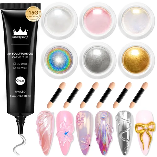 Miniatura 13 de Kit de gel de uñas 3D y polvo de uñas cromado BISHENGYF: 0.53 oz No Wipe Gel de Escultura 3D Aurora Rosa Azul Oro Cromo Polvo de uñas con pegamento