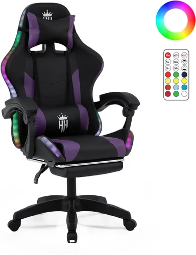 Miniatura 12 de Silla de juegos RGB con reposapiés, silla de juegos de computadora con luces LED para adultos, silla reclinable con reposacabezas ajustable, soporte