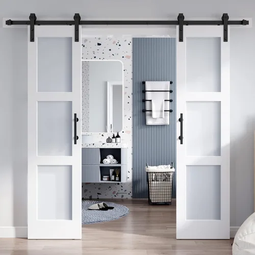 Miniatura 20 de Losa para puerta corrediza de granero de vidrio de 28 x 84 pulgadas y kit de herrajes de 5 pies incluido, 5 vidrios esmerilados, panel de madera LVL