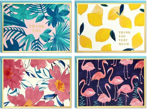 Hallmark Surtido de tarjetas de agradecimiento en caja y en blanco (cuatro diseños tropicales surtidos, 40 tarjetas de notas y sobres)