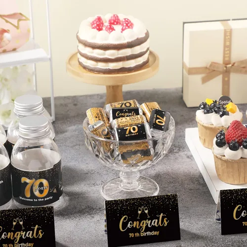 Miniatura 5 de Tenare 180 calcomanías de cumpleaños número 70, color negro y dorado con texto en inglés "Cheers to 70" (Cheers to 70 años), para fiestas