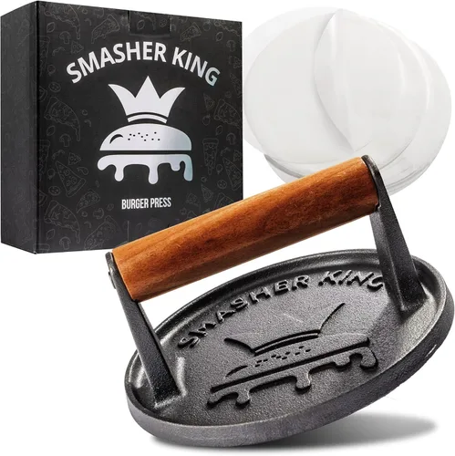 Miniatura 9 de SMASHER KING™ - Prensa de hamburguesa premium de hierro fundido con 25 piezas de papel para hamburguesas, prensa de hamburguesas para plancha