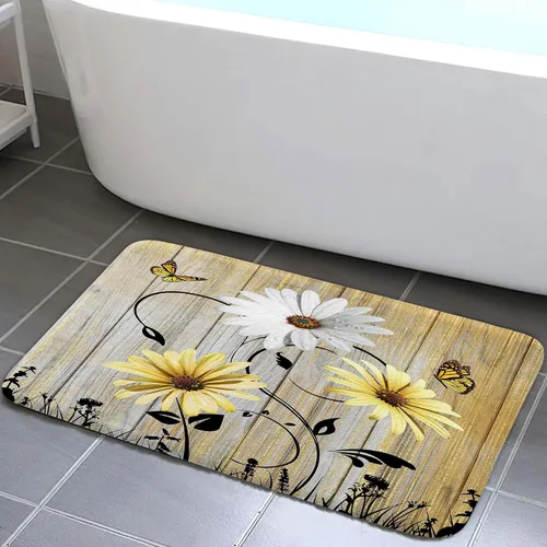Miniatura 6 de Alfombra de baño rústica blanca floral, flores y mariposas en tabla de madera vieja, antideslizante, juego de alfombras de baño vintage