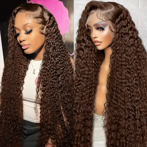 Miniatura 27 de CHEETAHBEAUTY Pelucas de cabello humano brasileño ondulado profundo #4 marrón chocolate 13X6 HD de encaje frontal transparente grado 10A rizado