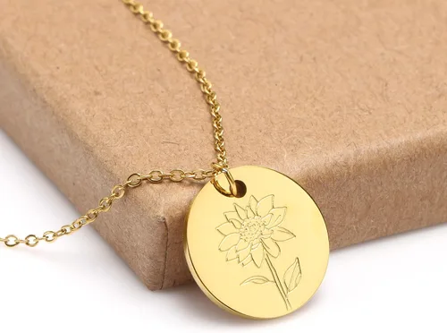Miniatura 3 de Collar con colgante de flor del mes de nacimiento, chapado en oro de 18 quilates, delicado y sencillo mes de nacimiento, colgante de disco floral