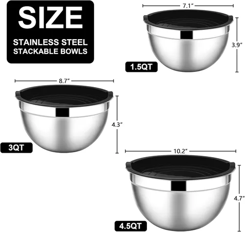 Miniatura 2 de E-far Tazones para mezclar con tapas, juego de 6 piezas de tazones para ensalada de acero inoxidable, tazones de metal anidables para hornear, Negro