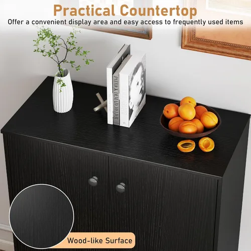 Miniatura 7 de LOKO Armario de almacenamiento de 2 puertas, armario de piso moderno con estante de 3 niveles, gabinete lateral independiente con dispositivo Negro