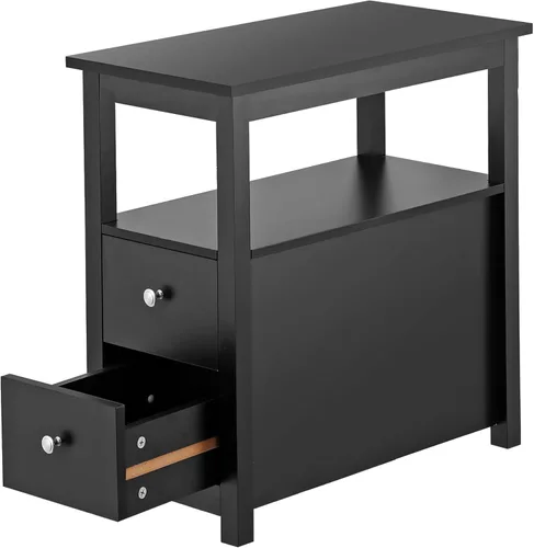 Miniatura 4 de Mesa auxiliar de 3 niveles con 2 cajones y estante de almacenamiento abierto, mesa de madera estrecha, mesita de noche, sofá para el hogar, oficina