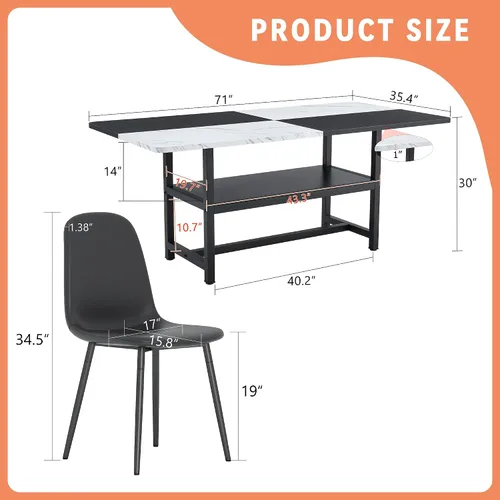 Miniatura 2 de Juego de mesa de comedor de 71 pulgadas para 6 personas con estante de almacenamiento, juego de mesa de comedor rectangular industrial moderna