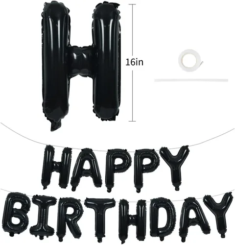 Miniatura 2 de TONIFUL Pancarta de Globos Negros de Feliz Cumpleaños de 16 Pulgadas con Letras de Papel de Aluminio Mylar, Cartel Banderín Reutilizable