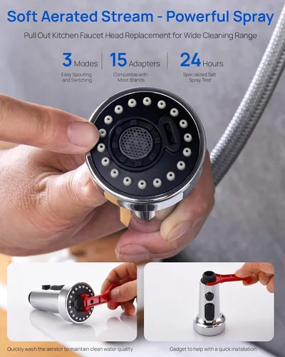 Miniatura 7 de J-HVA Pieza de repuesto de cabezal de rociador de grifo de cocina extraíble con 15 conectores, boquilla de repuesto de rociador de fregadero Cromo