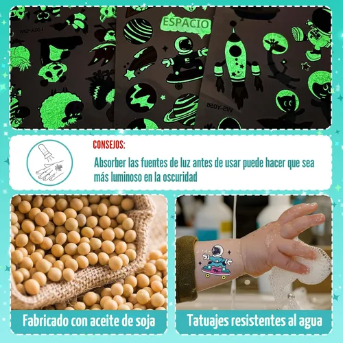 Miniatura 4 de Partywind 380 estilos (30 hojas) tatuajes luminosos para niños, estilos mixtos temporales tatuajes adhesivos con sirena/dinosaurio/espacio/pirata