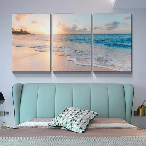 Miniatura 5 de Denozer - Lienzo decorativo de 3 paneles para decoración del hogar, mar azul, puesta de sol y playa, pintura blanca, impresión sobre lienzo, paisaje
