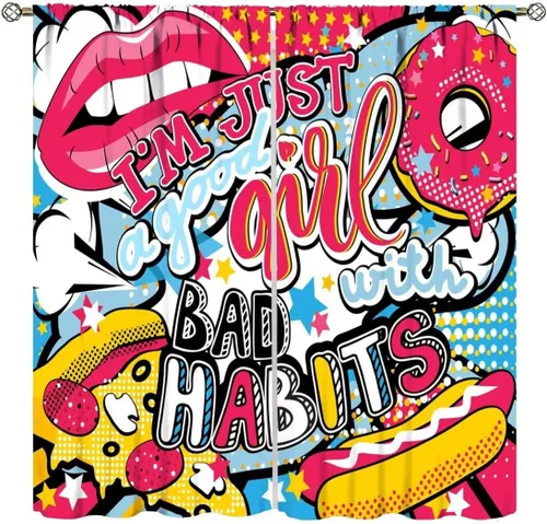 Miniatura 11 de Cortinas de pared de ladrillo, arte pop de grafiti, hermosas cortinas con estampado de chicas americanas para adolescentes, dormitorio, sala