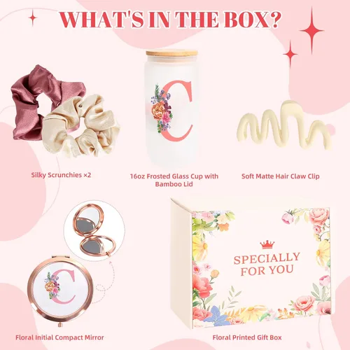 Miniatura 2 de Regalos de cumpleaños para mujeres – Caja de regalo personalizada con inicial con taza de vidrio con monograma, coleteros para el cabello y clip