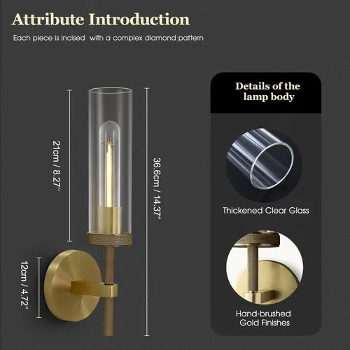 Miniatura 3 de Apliques de Pared de Latón Luces para Interiores, Aplique Lineal Moleteado de 14", Apliques de Pared Dorados para Baño, Apliques de Tocador de Tubo