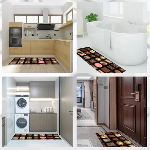 Miniatura 7 de 3D Chocolate Patchwork Kitchen Mat Set of 2 Pcs, Non Slip Kitchen Rug Brown, Retro Geometric Washable Absorbent Floor Mat Runner Rug, Cushioned