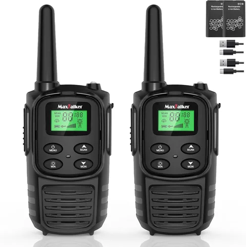 Walkie Talkies MaxTalker de largo alcance para adultos, MT10 Walkie Talkies recargables FRS de 2 vías, NOAA, batería de 1200mAh Li-ion con cable
