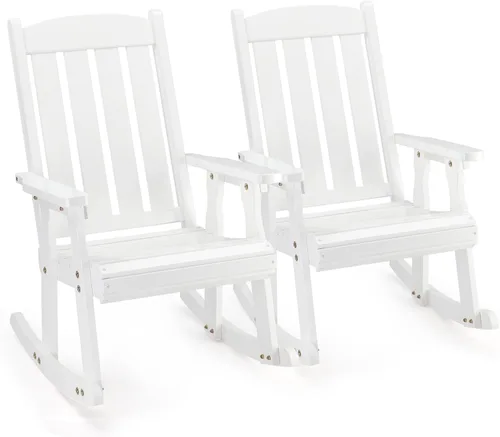 Miniatura 9 de VINGLI Juego de 2 mecedoras para exteriores, mecedora de madera resistente de 600 libras con respaldo cómodo, mecedora resistente a la intemperie