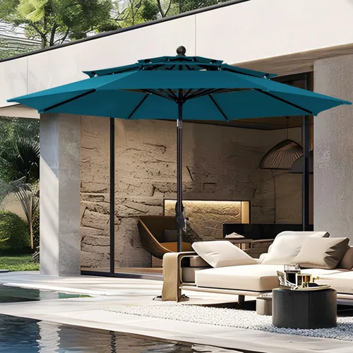 Miniatura 10 de PHI VILLA Sombrilla de patio de 10 pies, sombrilla de mesa grande ventilada de 3 niveles para exteriores, con 8 varillas resistentes y poste