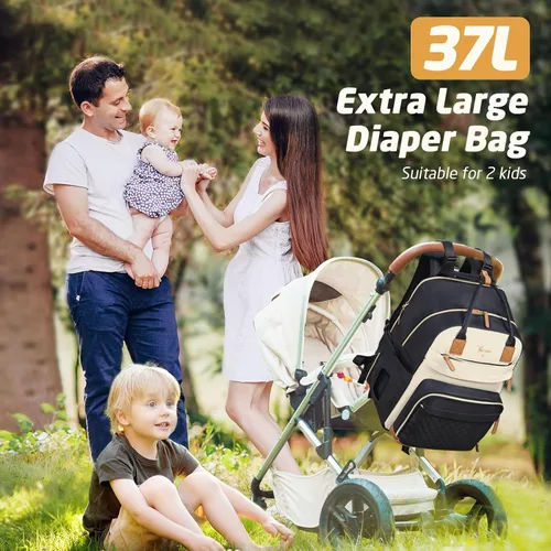 Miniatura 3 de Mochila de Pañales - Mochila de Pañales Extra Grande para 2 Niños Gemelos, Bolsos de Viaje para Bebés para Mamá Papá 25-37L Expandible con Negro